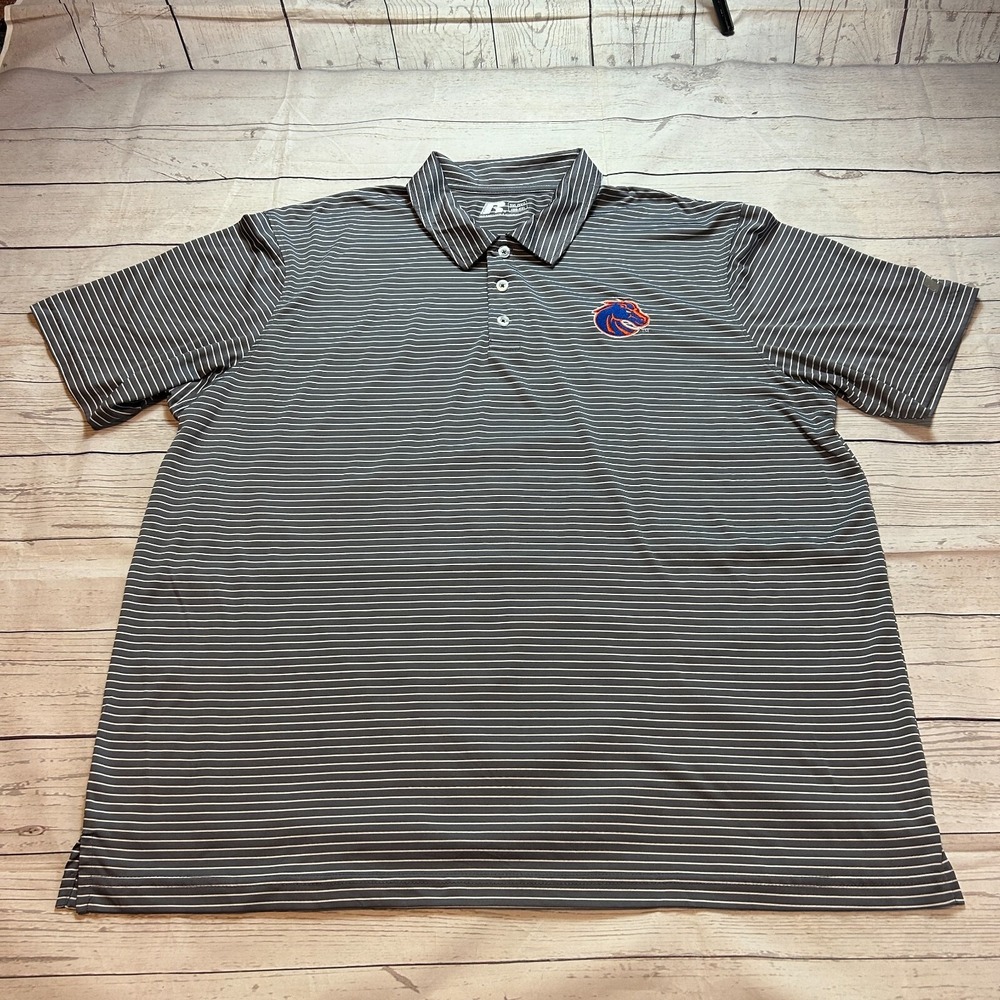 Boise State Broncos Polo Grayβ & White Striped by Russell Athletics Men's 2XL